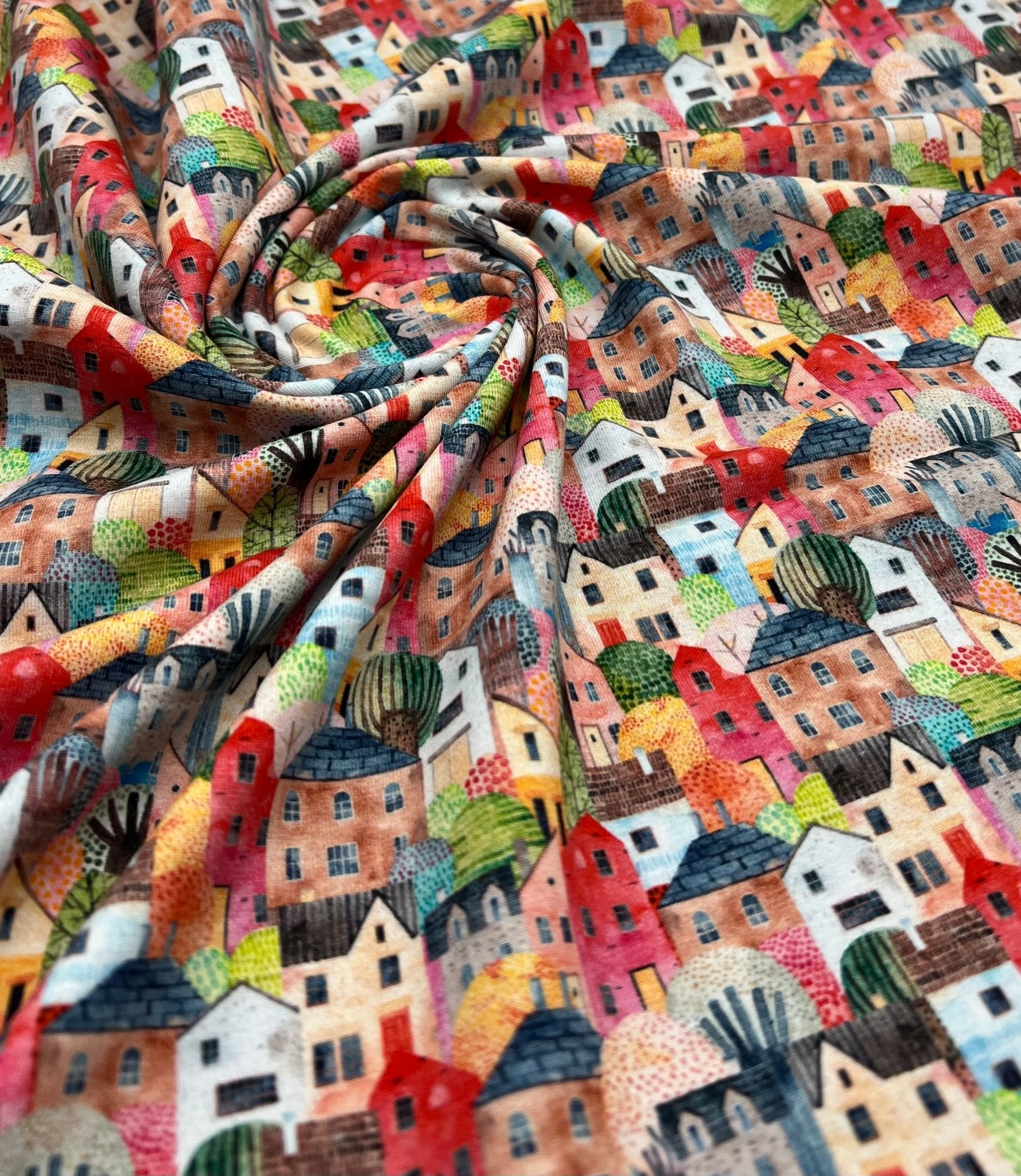 Townhouses Print Cotton Stretch Jersey 200 GSM 95/5 Lycra 4 Way Stretch - T9 Fabrics